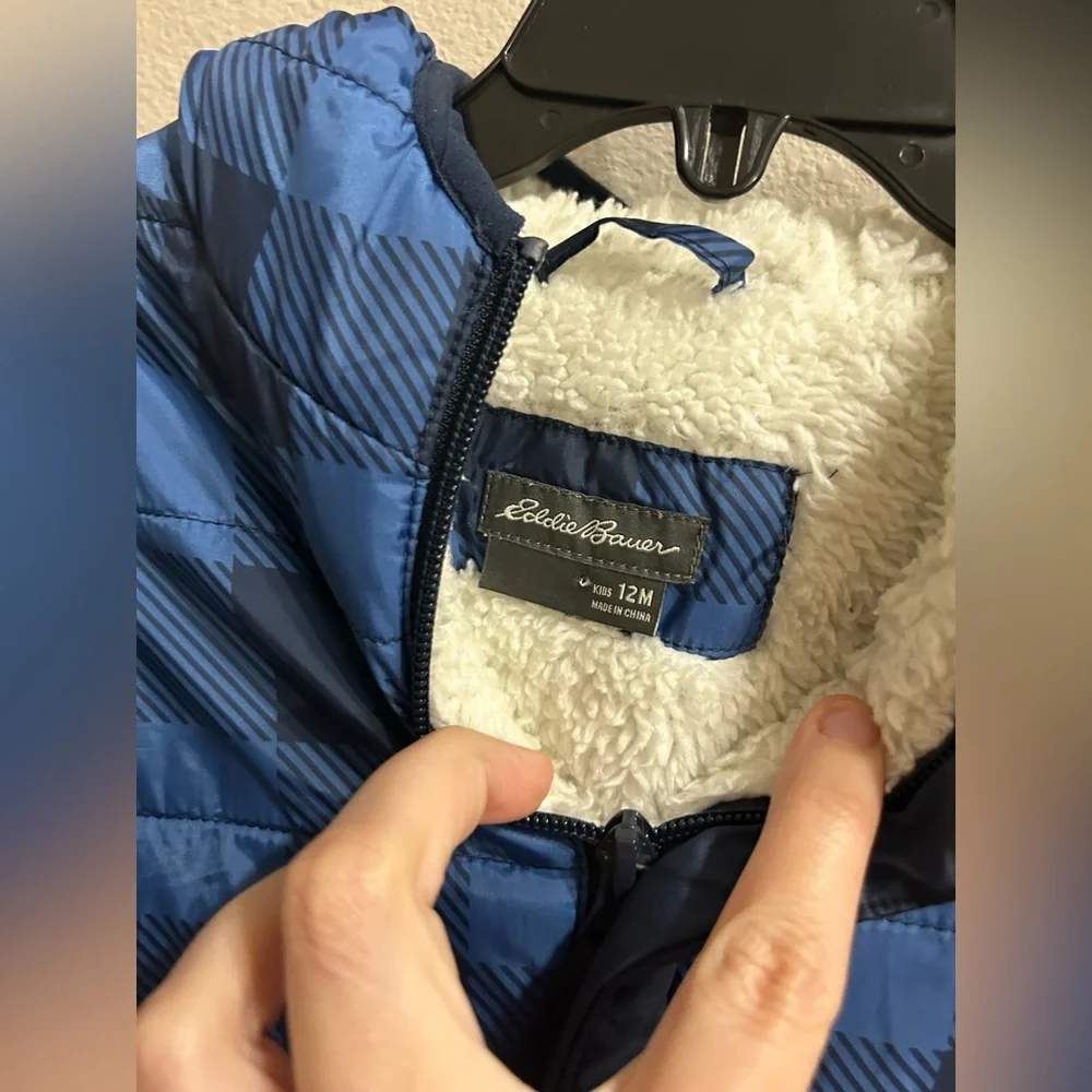 Eddie Bauer Baby Snowsuit Size 12 Months Blue Plaid Fleece Lined Warm Cozy
